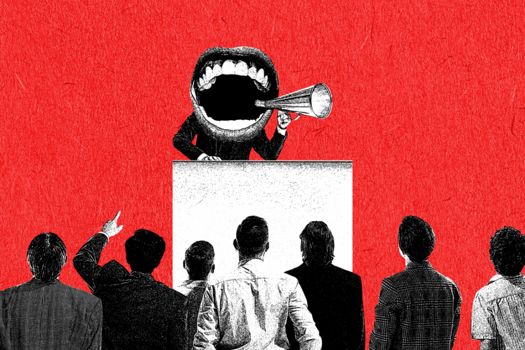 Bold collage of giant shouting mouth addressing business crowd with aggressive authority. Concept of leadership pressure, corporate conflict, communication issues.