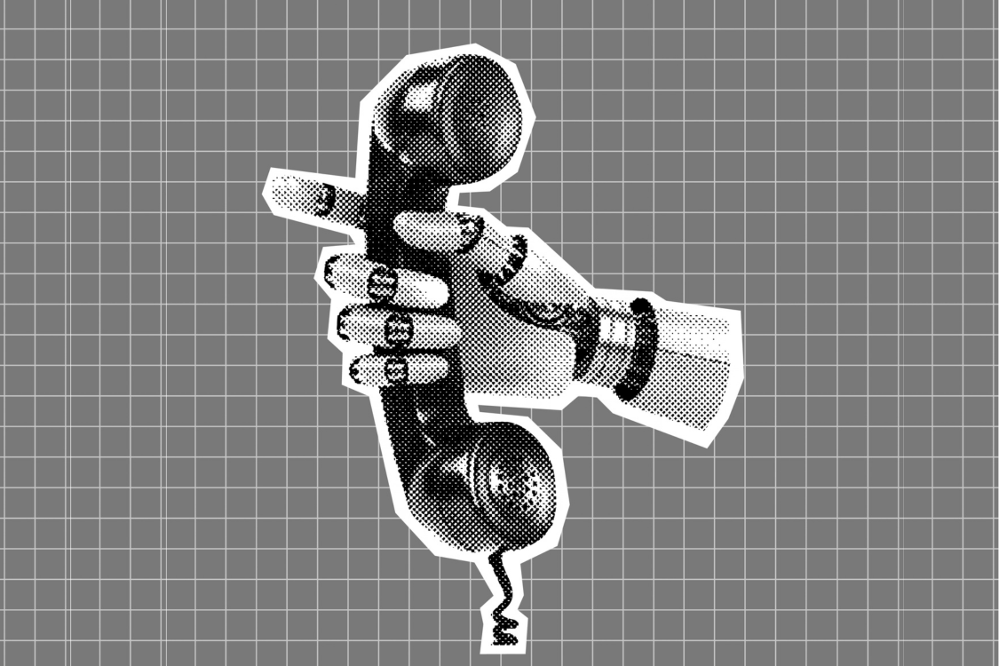 robot holding a vintage telephone handset