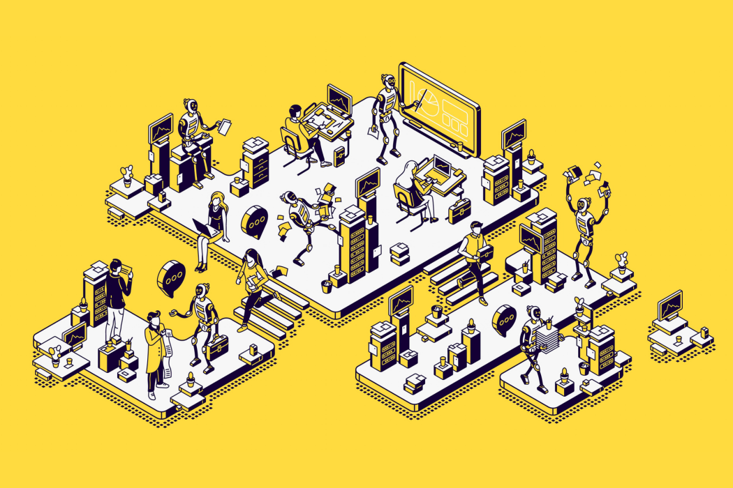 Human and ai robots office workers. Robotic employees together with people in futuristic workplace. Cyborgs automation, artificial intelligence technologies