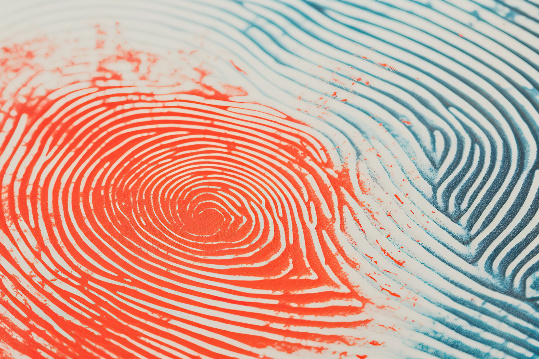 Abstract red and blue fingerprint patterns overlapping on a light background.