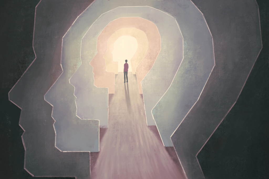 Abstract illustration of a person standing within layered human head silhouettes, facing a bright opening at the center.