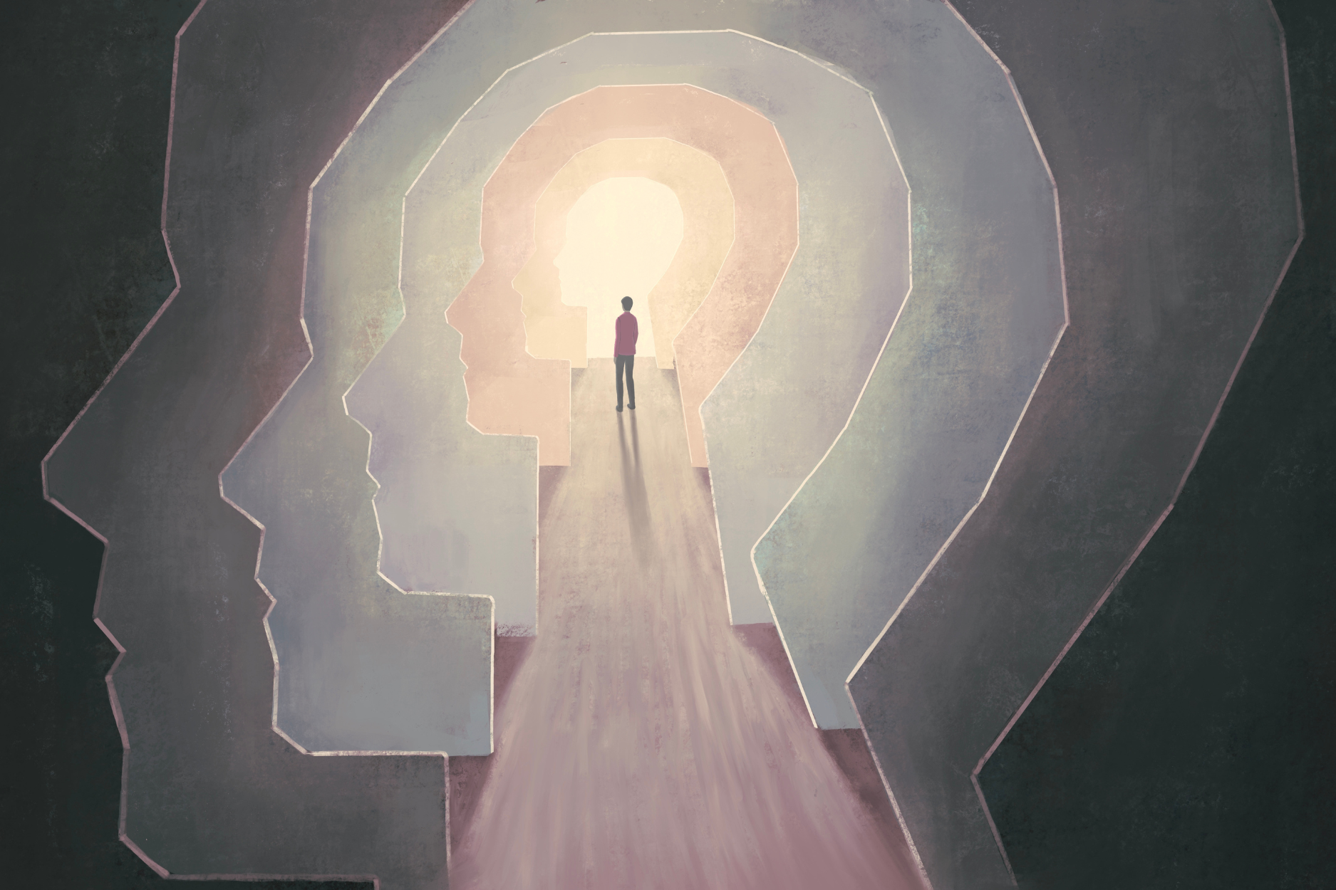 Abstract illustration of a person standing within layered human head silhouettes, facing a bright opening at the center.