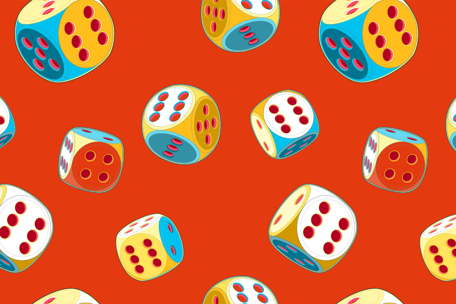 Colorful illustrated dice scattered across a bright red background.