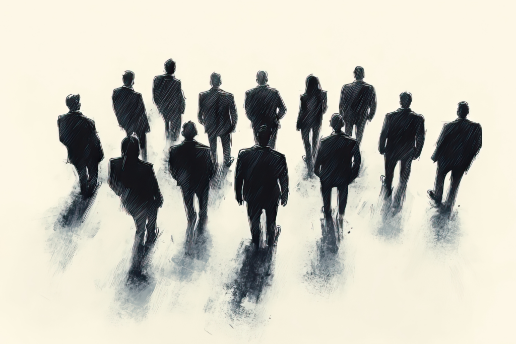 Illustration of a group of business professionals in suits walking together against a light background.