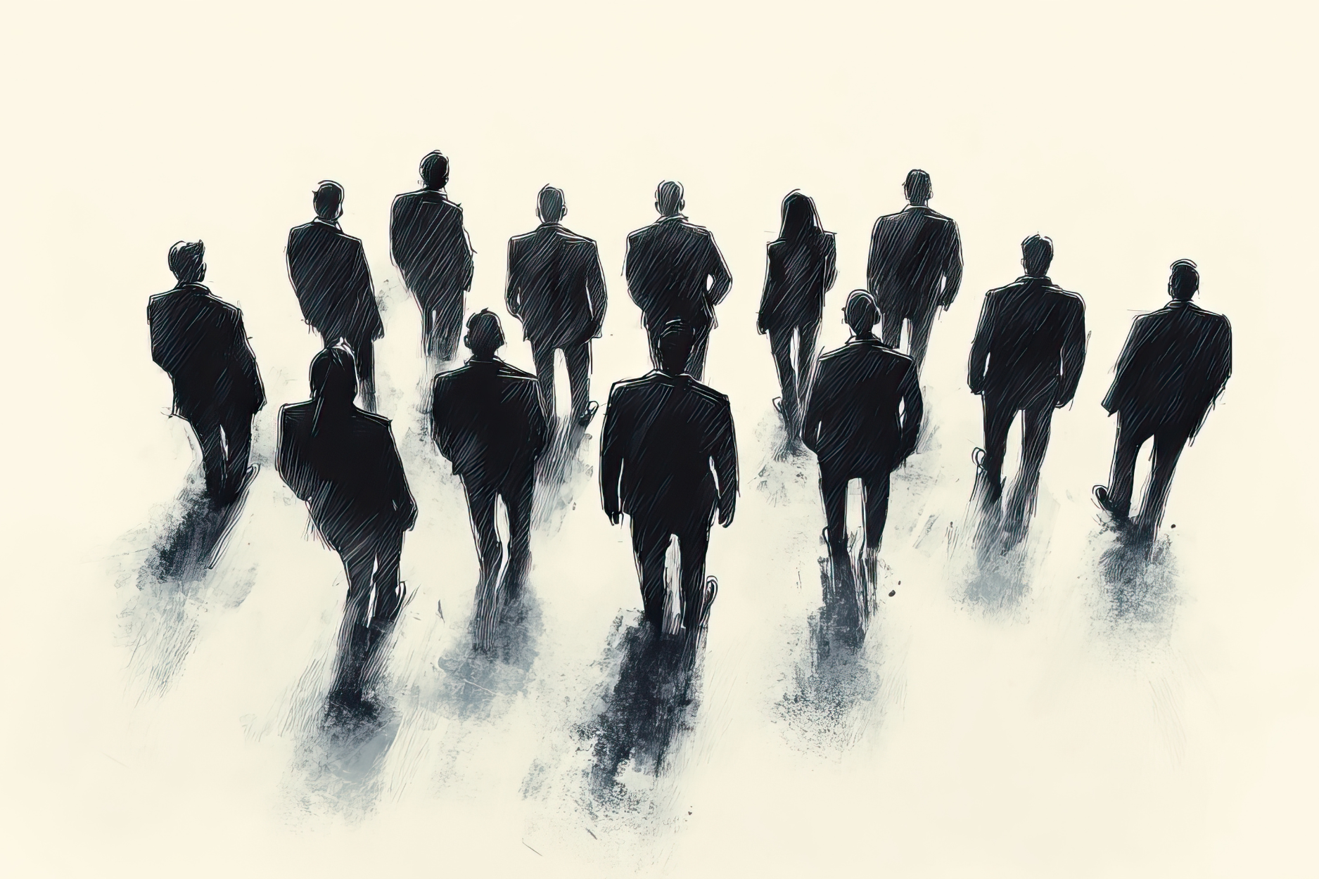 Illustration of a group of business professionals in suits walking together against a light background.
