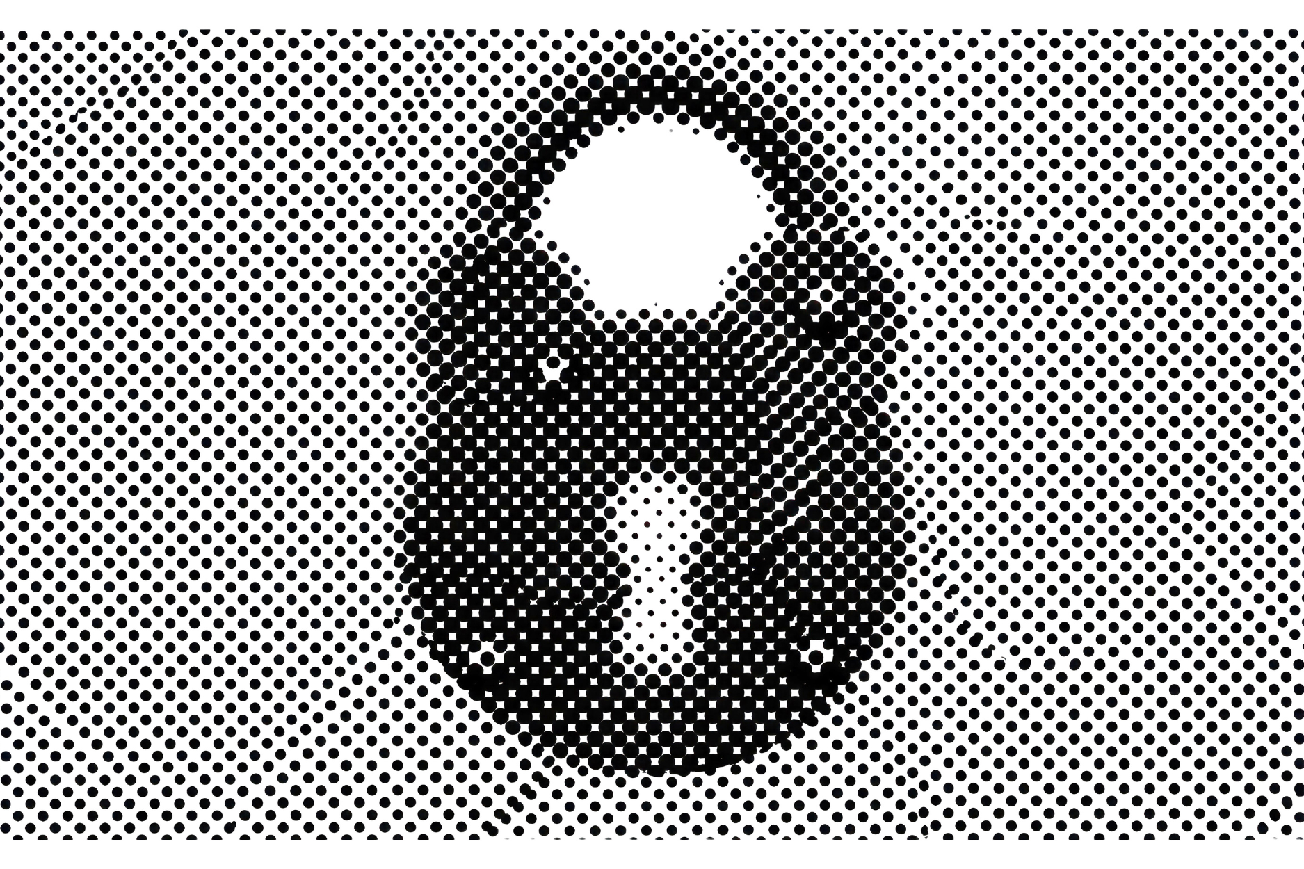 Black-and-white halftone illustration of an unlocked padlock formed by varying sizes of black dots against a dotted background.
