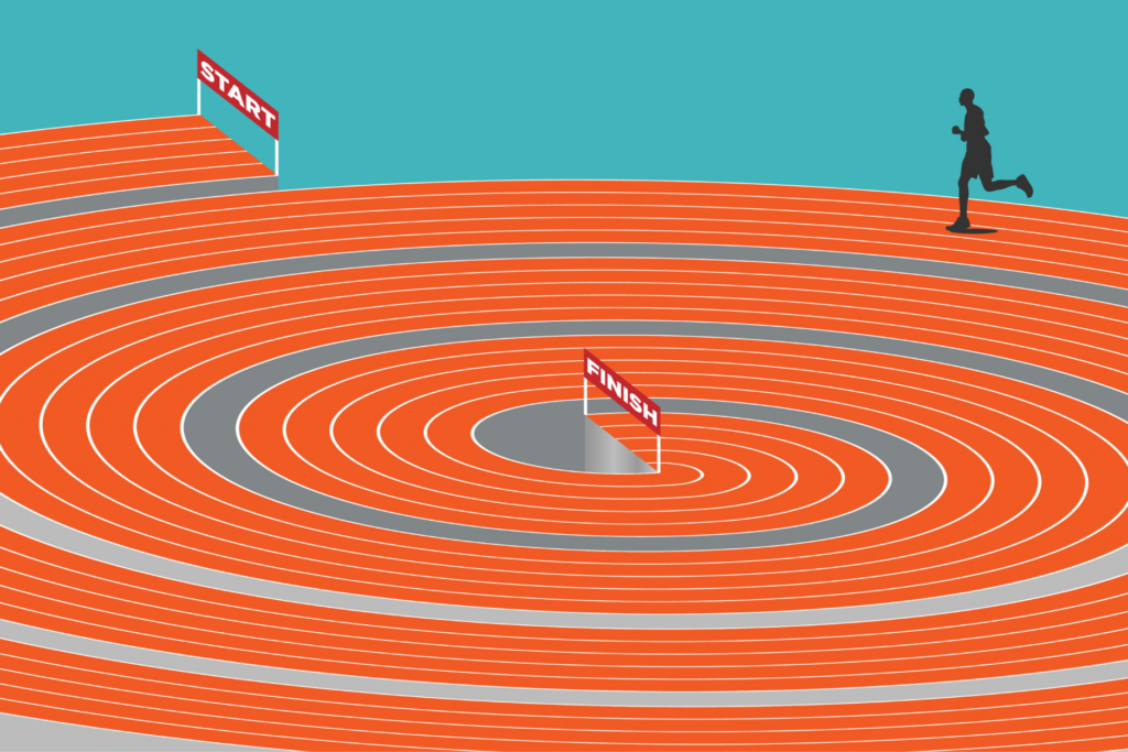 Illustration of a runner on a winding orange racetrack, with START and FINISH signs marking the course against a teal background.