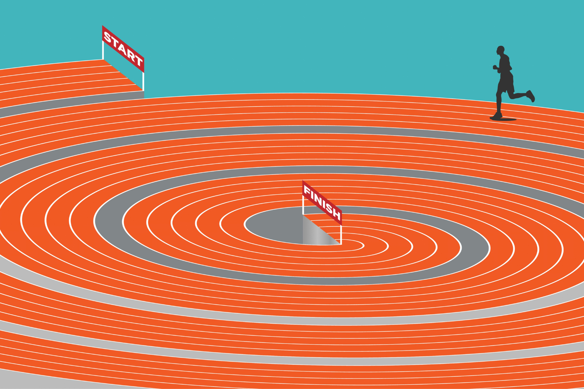 Illustration of a runner on a winding orange racetrack, with START and FINISH signs marking the course against a teal background.