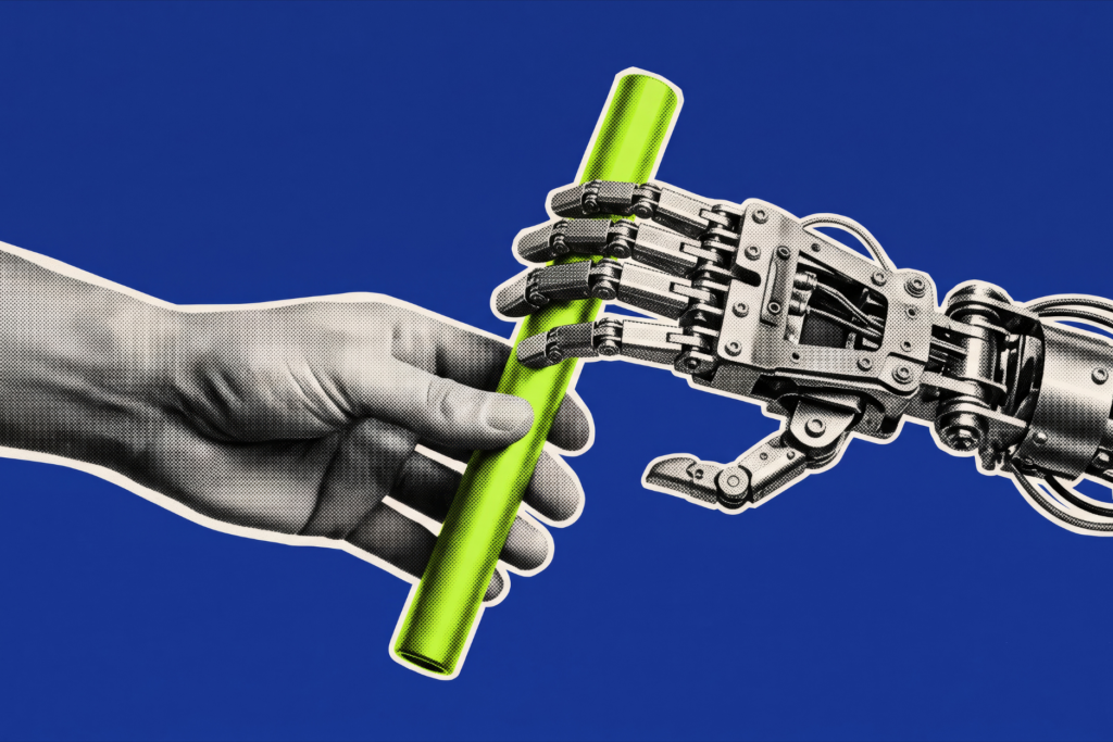 Illustration of a human hand and a robotic hand holding a neon green baton against a blue background.