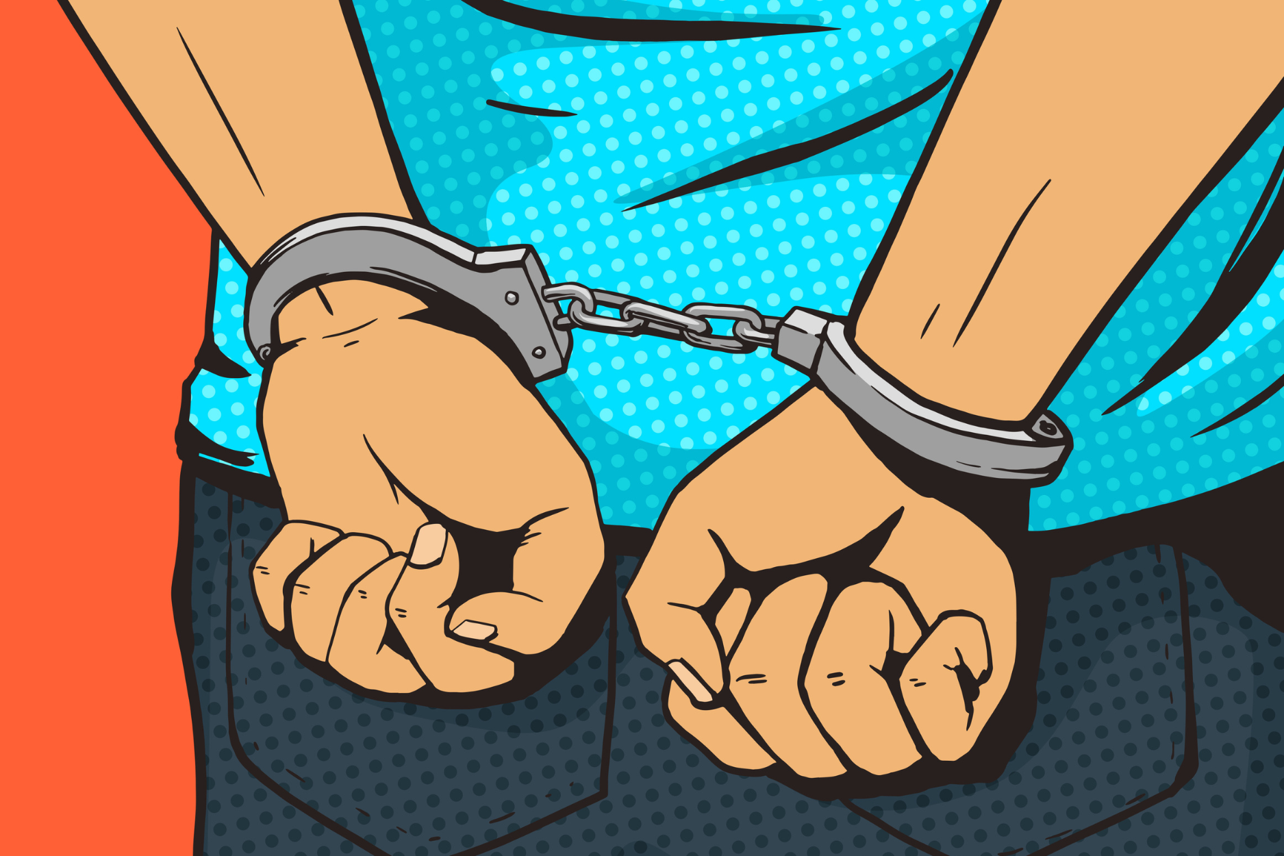 Pop art-style illustration of a person's hands secured in metal handcuffs behind their back, with a bright blue shirt and orange background.