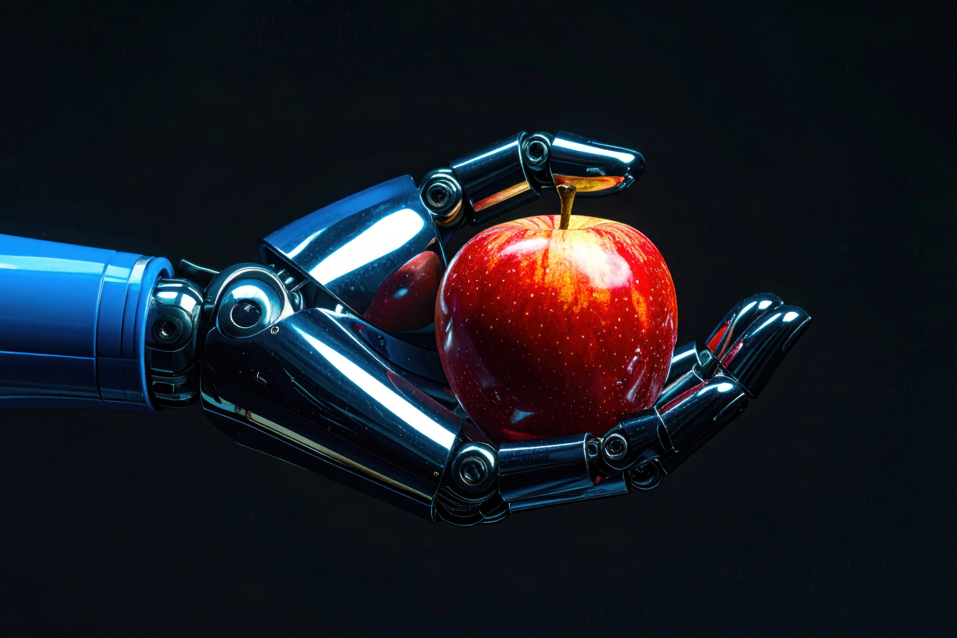A metallic robotic hand holding a red apple against a dark background, representing the AI collaboration between Apple and Meta.