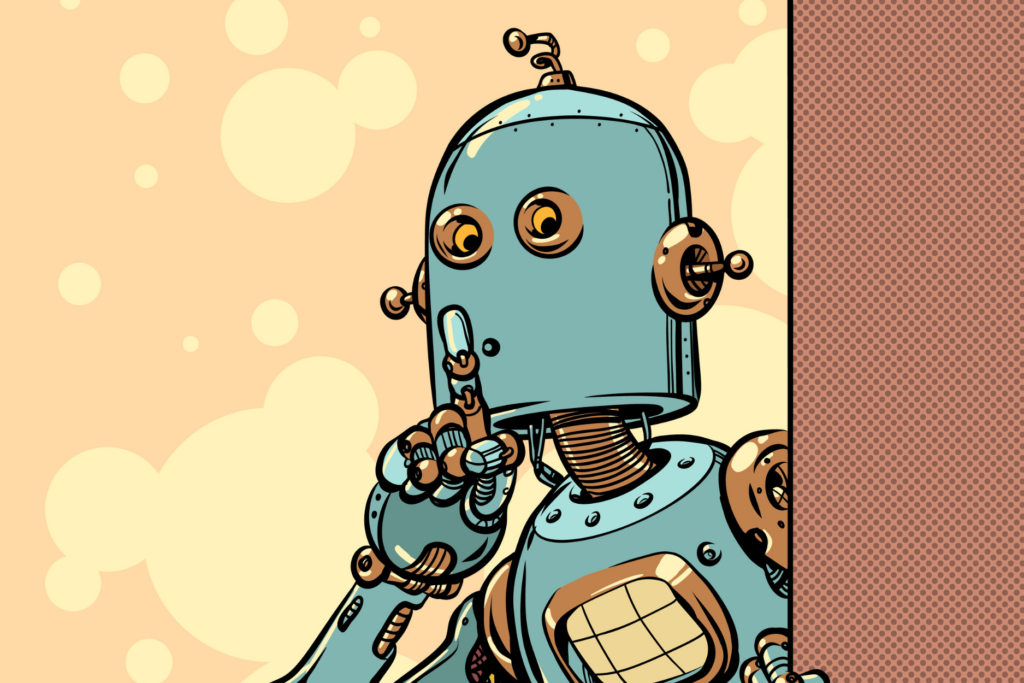 Retro-style illustration of a teal robot holding one finger up against a peach background with yellow circles and a brown dotted pattern.