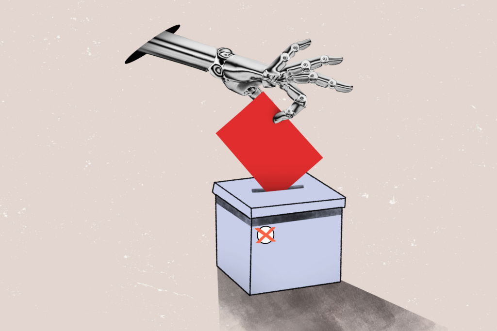 Illustration of a robotic hand placing a red ballot into a light blue ballot box against a textured beige background.