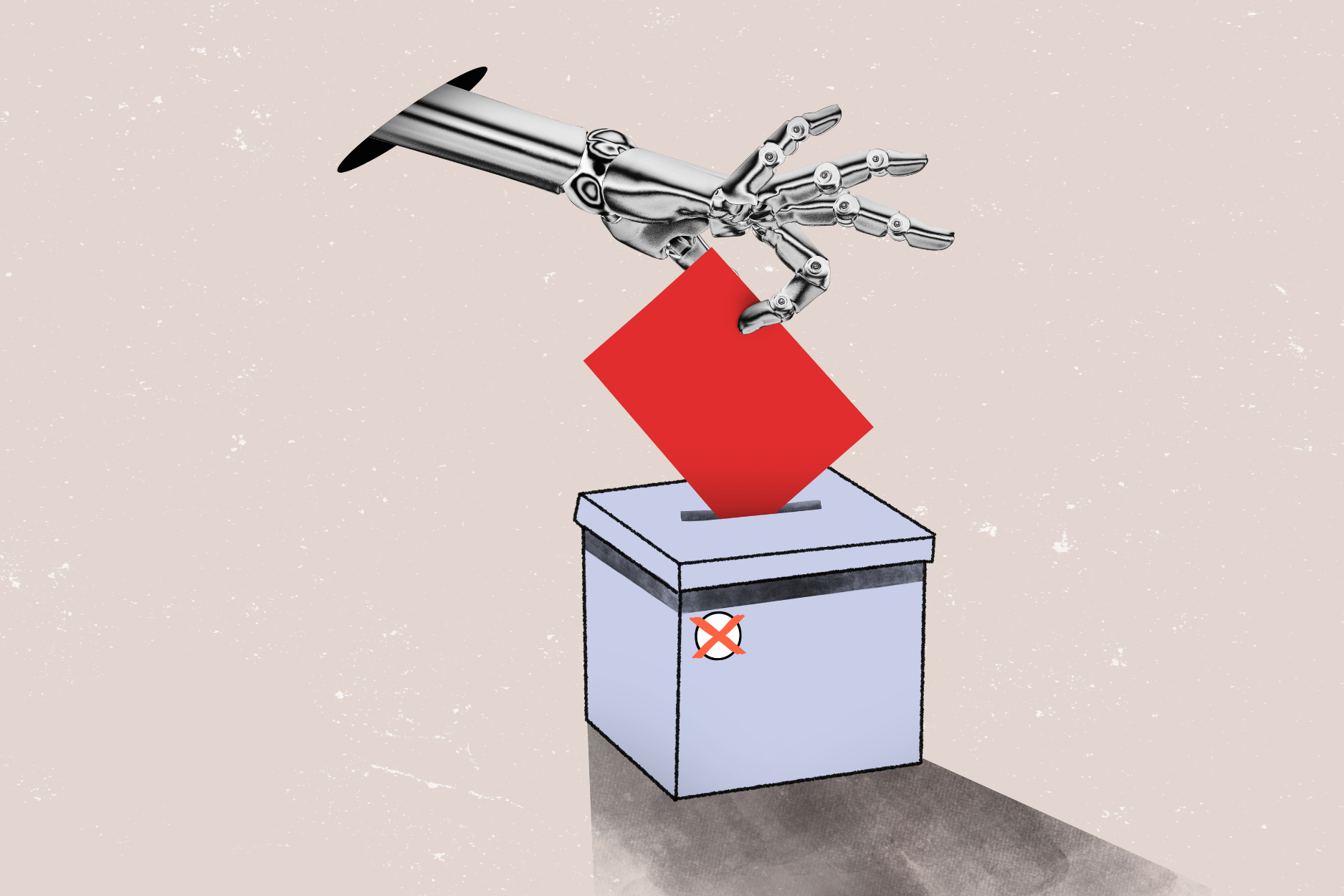 Illustration of a robotic hand placing a red ballot into a light blue ballot box against a textured beige background.