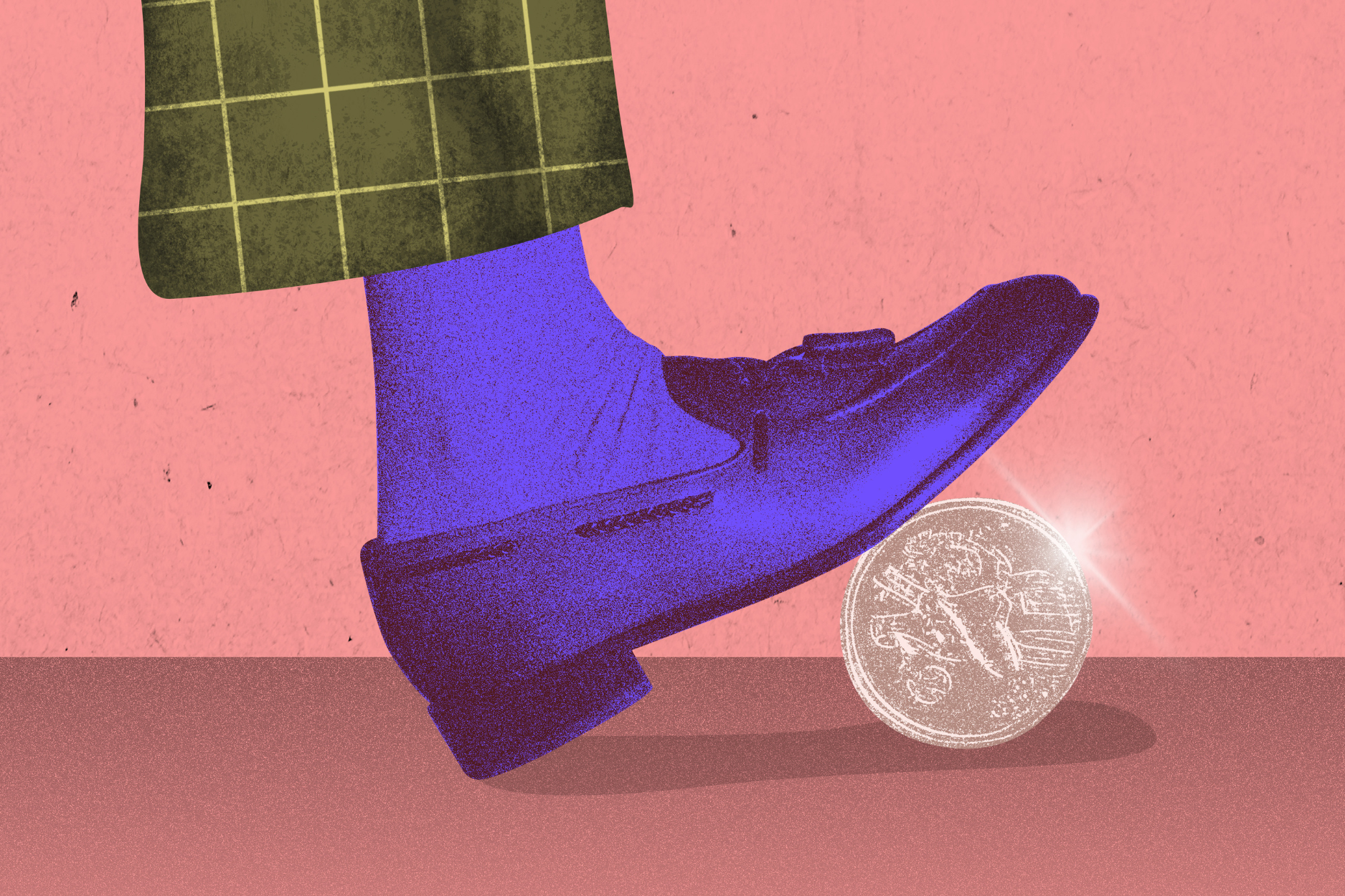 Retro-style illustration of a purple dress shoe balancing on a silver coin against a textured pink background, with a green plaid pant leg visible.