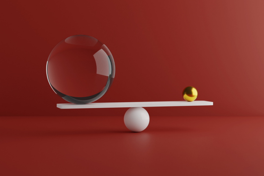 Balancing minimal shapes, gold and glass materials.