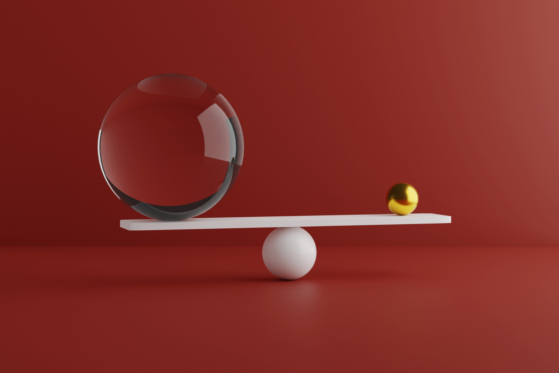 Balancing minimal shapes, gold and glass materials.