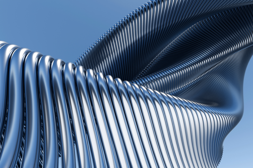 3D abstract metallic wave background with shiny blue steel pipes