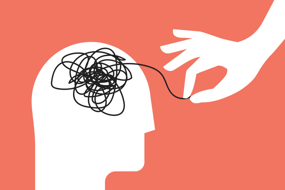 human head silhouette and helping hand unravels the tangle of messy thoughts