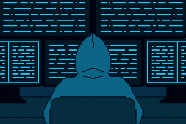 8-bit pixel art hacker with multiple monitors