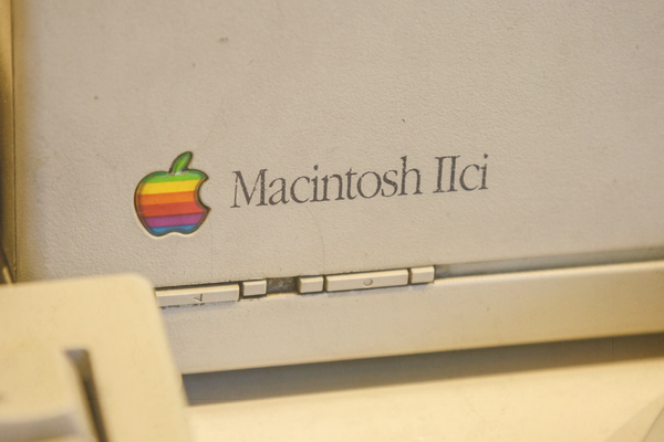 Istanbul, Turkey, March 2019: Closeup old rainbow Apple logo on old Macintosh computer. Rahmi Koc museum