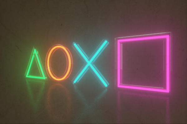 Geometry Neon lights in the room with Modern Blue Ambient lights background. Game symbols playstation icons. 3D Render